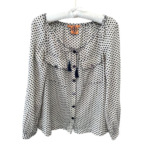 TORY BURCH | Ivory Navy Dot Blouse Tassel Tie Top | Size 6 - Picture 1 of 8